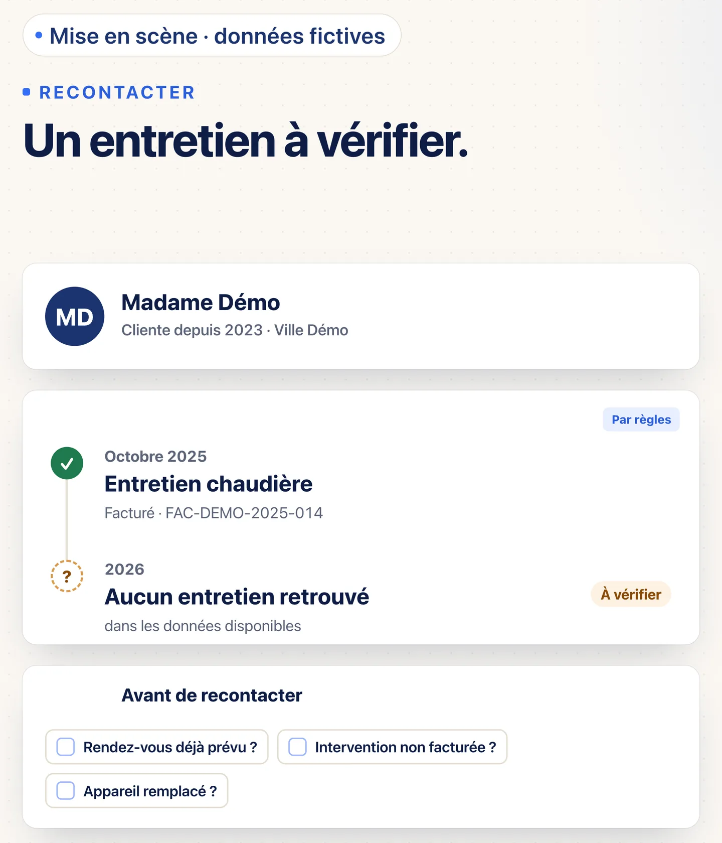 Écran illustratif Artiforce : fiche d'une cliente fictive avec un entretien de chaudière facturé en octobre 2025, aucun entretien retrouvé en 2026 dans les données disponibles, marqué À vérifier, et trois questions avant de recontacter : rendez-vous déjà prévu, intervention non facturée, appareil remplacé.