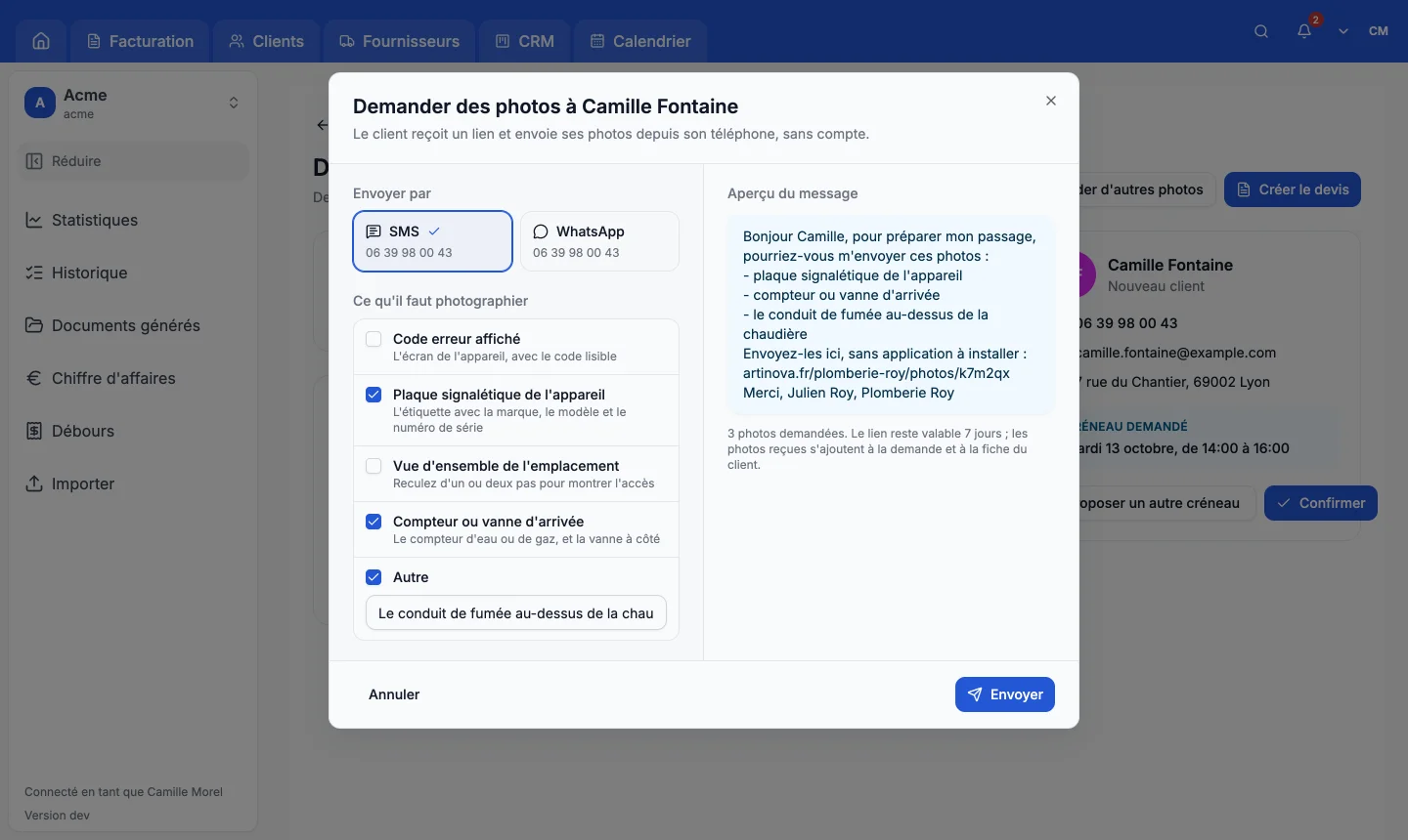 Écran de conception Artiforce : demande de photos à un client par SMS, avec la liste de ce qu'il faut photographier et l'aperçu du message contenant le lien d'envoi.