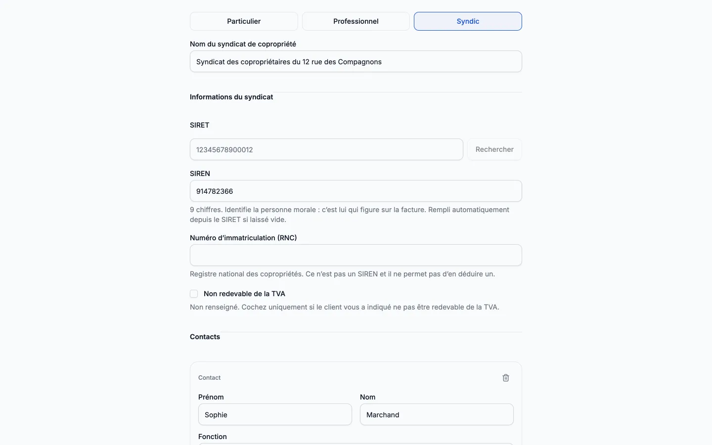 Fiche d'un syndicat de copropriété dans Artiforce, avec son SIREN, son numéro d'immatriculation et ses contacts.