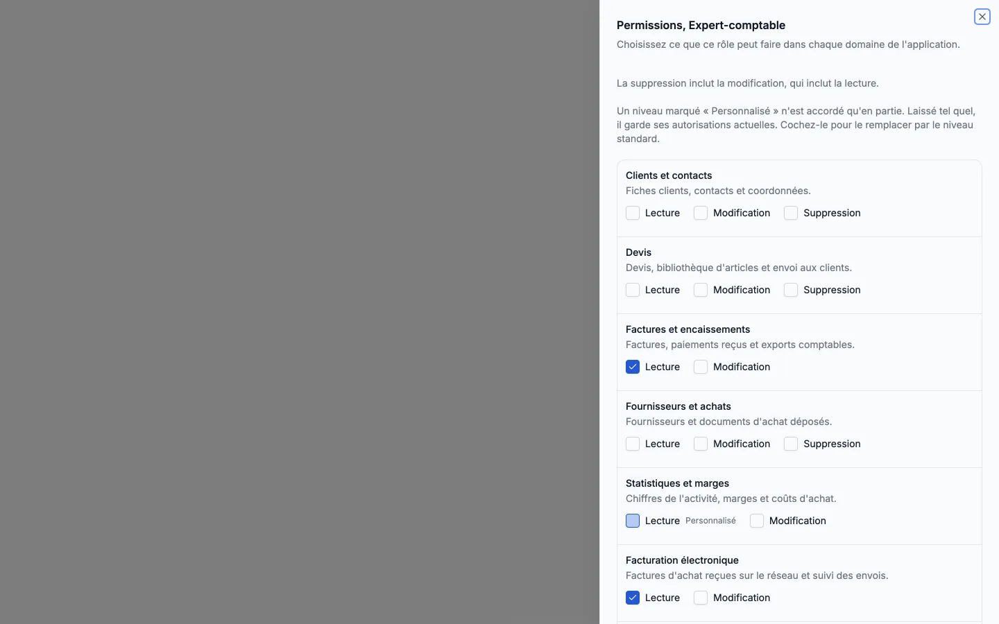 Permissions du rôle expert-comptable dans Artiforce, domaine par domaine.