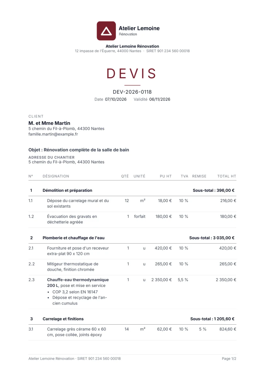 Page 1 d'un devis Artiforce au modèle Épuré : logo centré, titre DEVIS en bordeaux, filets fins, sans aplat de couleur.