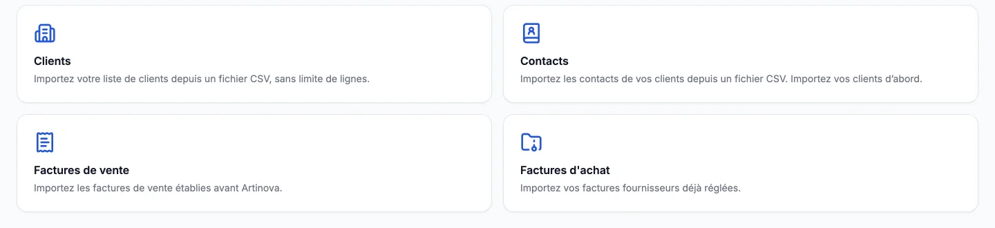 Écran d'import d'Artiforce : clients, contacts, factures de vente et factures d'achat.
