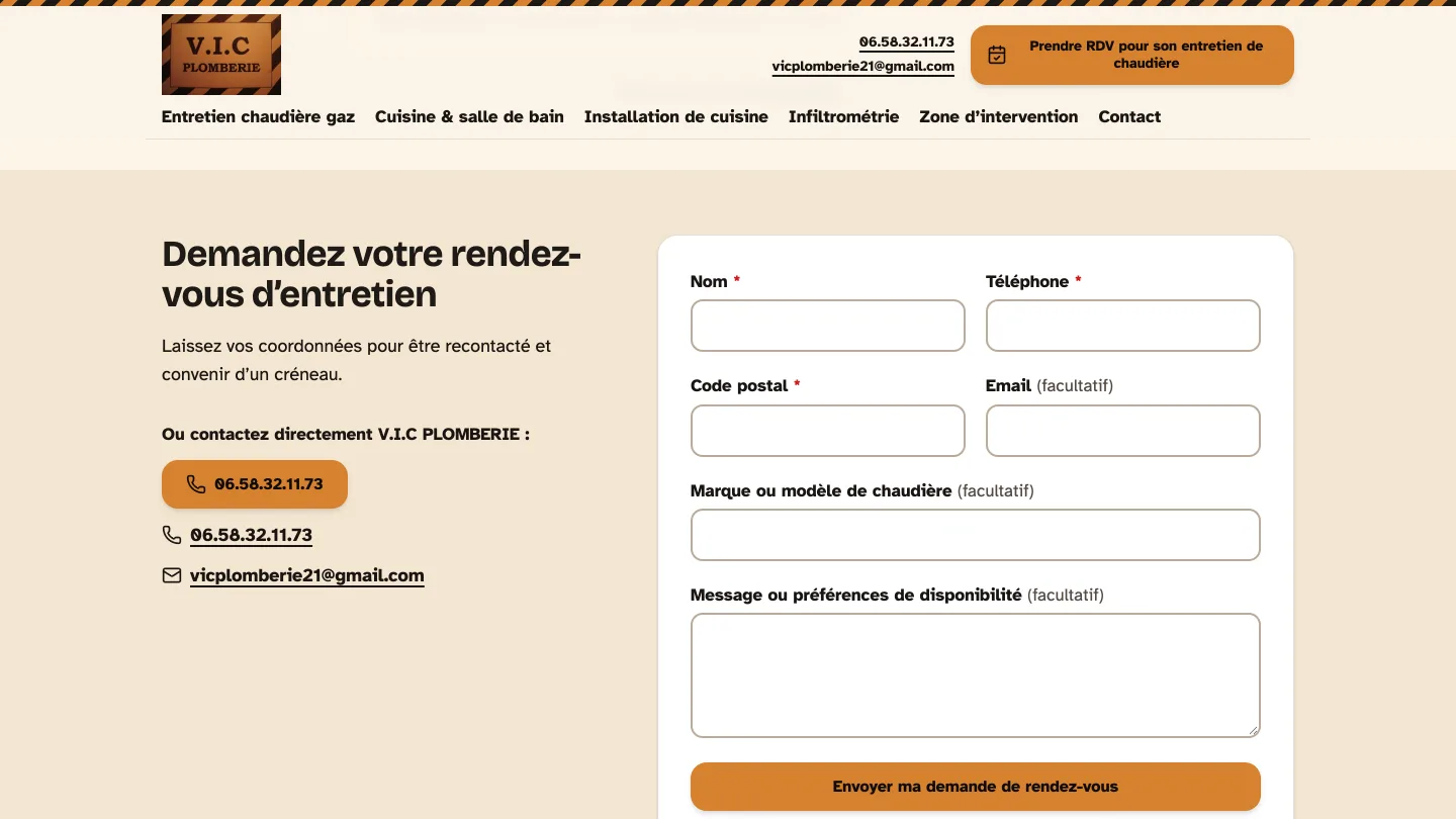 Formulaire de demande de rendez-vous du site de V.I.C Plomberie.