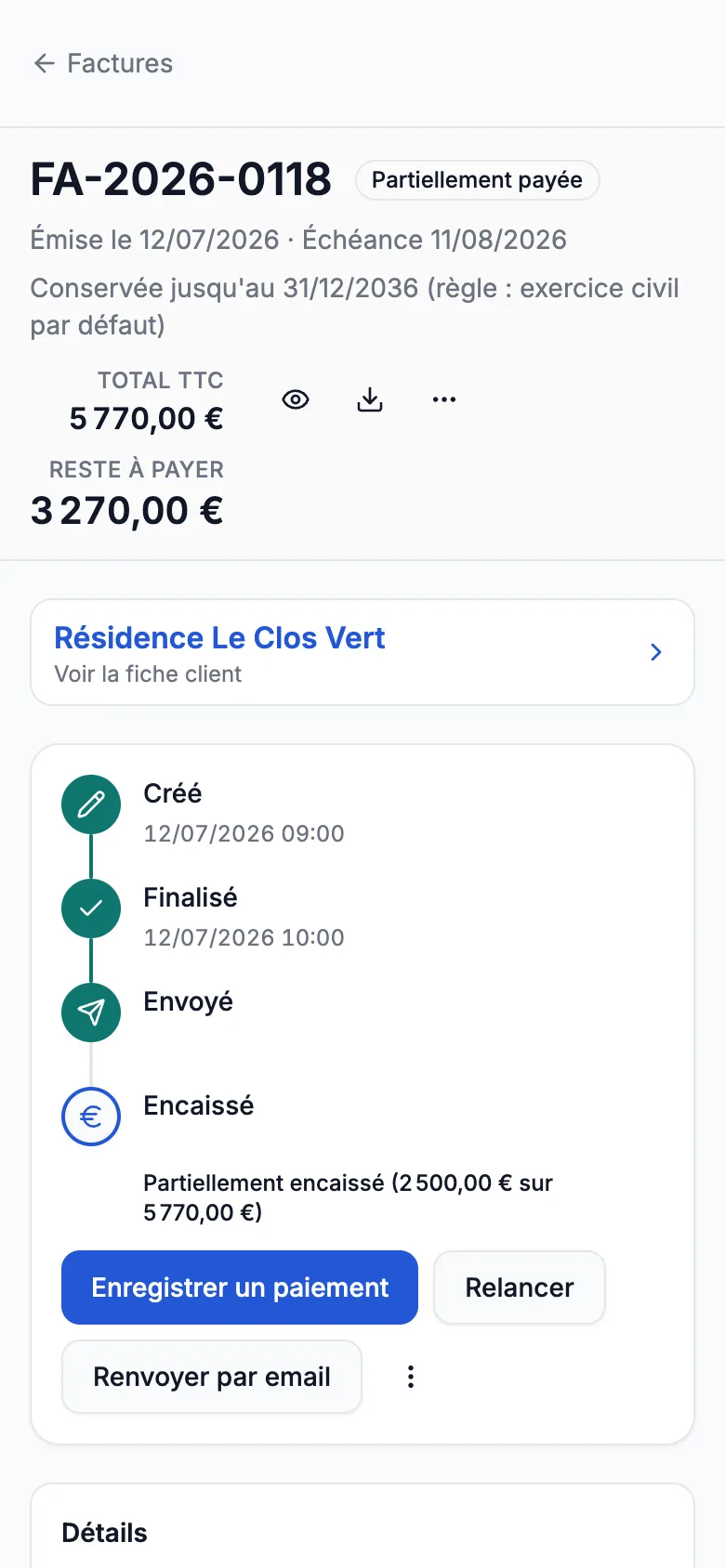 Facture Artiforce sur téléphone, avec son reste à payer.