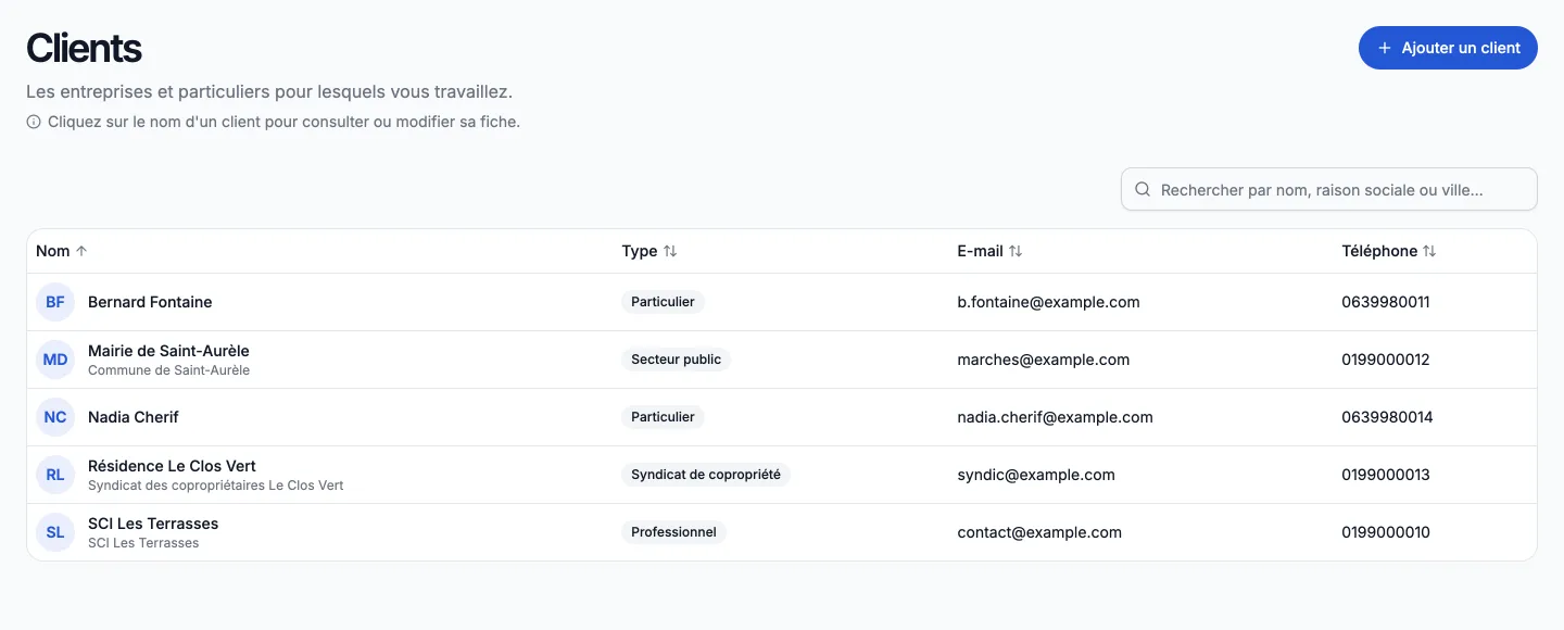 Clients, aperçu produit d'Artiforce avec des données de démonstration